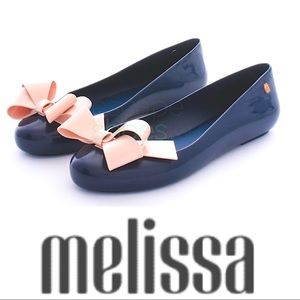 Melissa Blue Ballerina Flats Space Love IV Ad - navy blue/pink bows - Size 8
